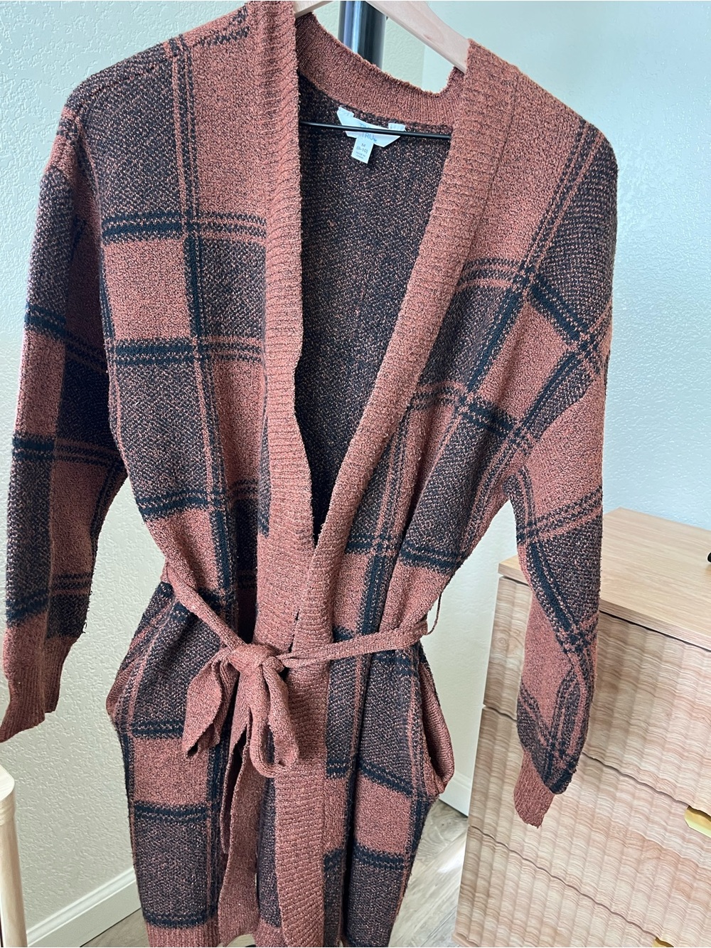Time and Tru Rust and Black Plaid Belted Cardigan